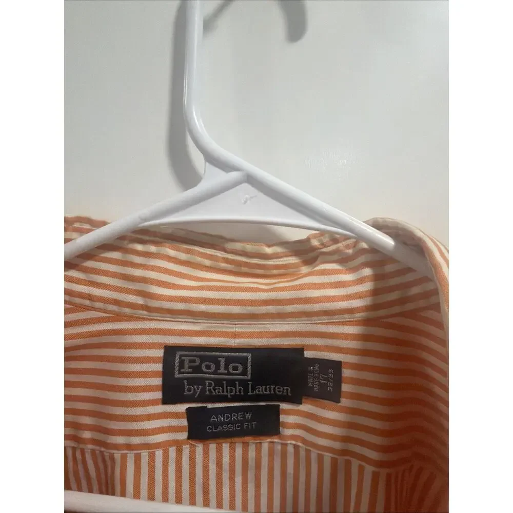 Polo Ralph Lauren Andrew Classic Fit Shirt Men's 17 32/33 Orange White Striped